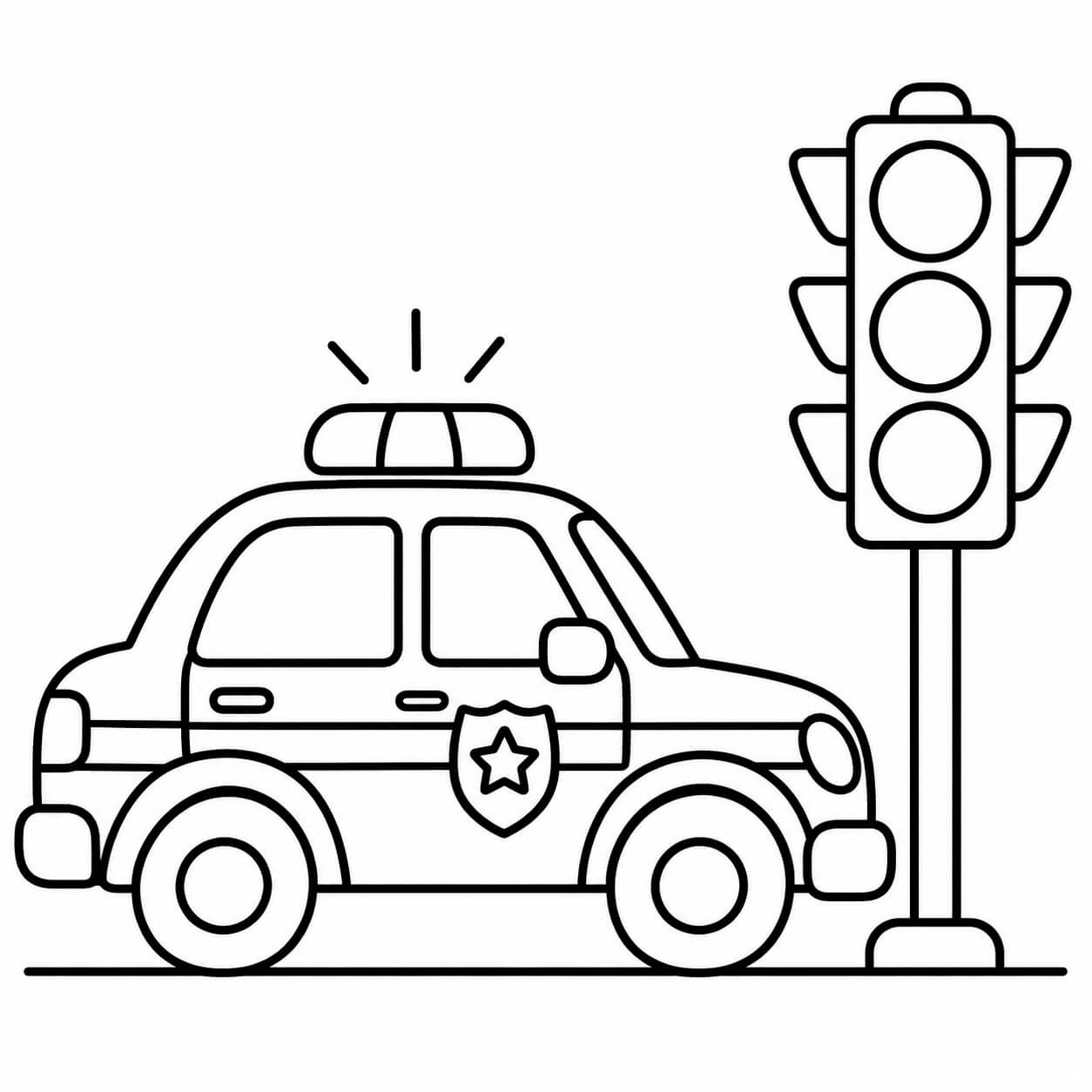 Polizeiauto an der Ampel – Ausmalbild in Schwarz-Weiß