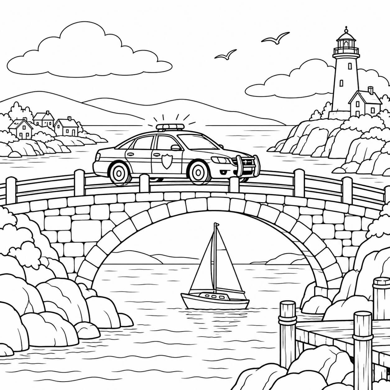 Polizeiauto an der Hafenbrücke – Ausmalbild in Schwarz-Weiß