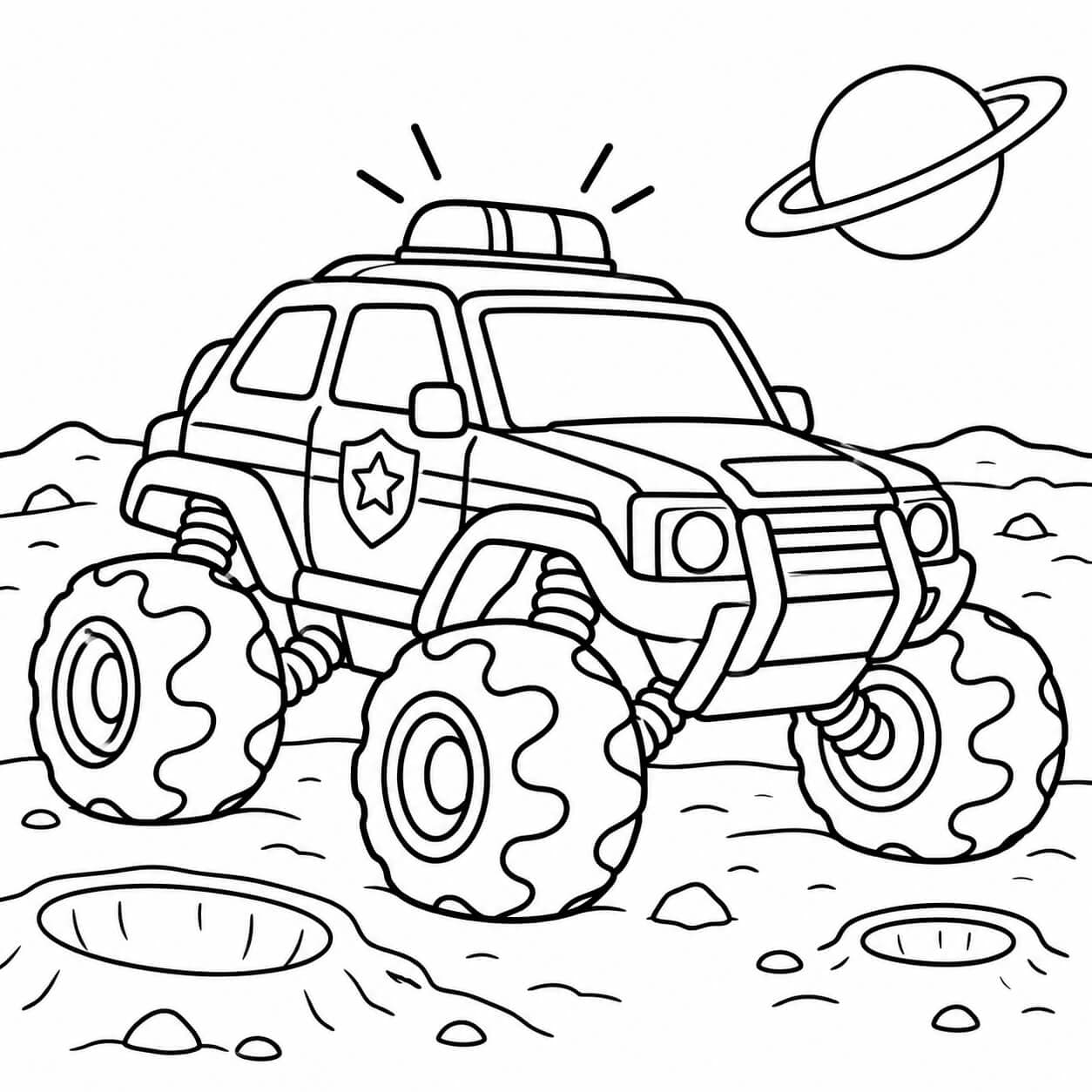 Polizeiauto auf dem Mond – Ausmalbild in Schwarz-Weiß