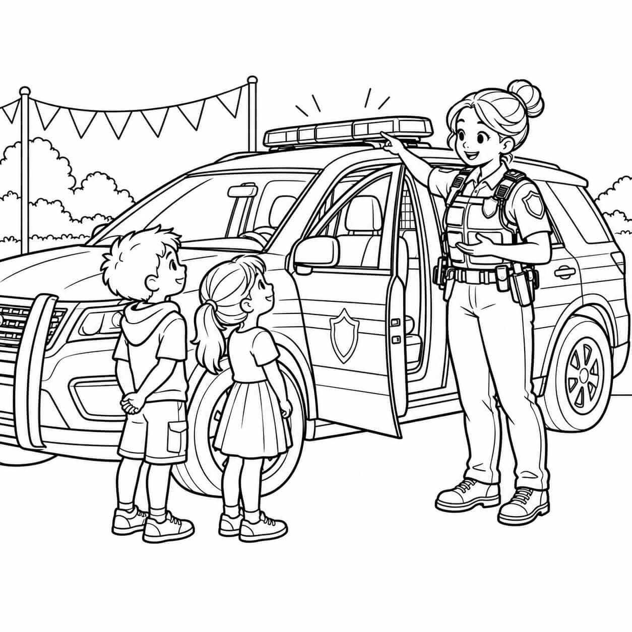 Polizeiauto beim Kinderfest – Ausmalbild in Schwarz-Weiß