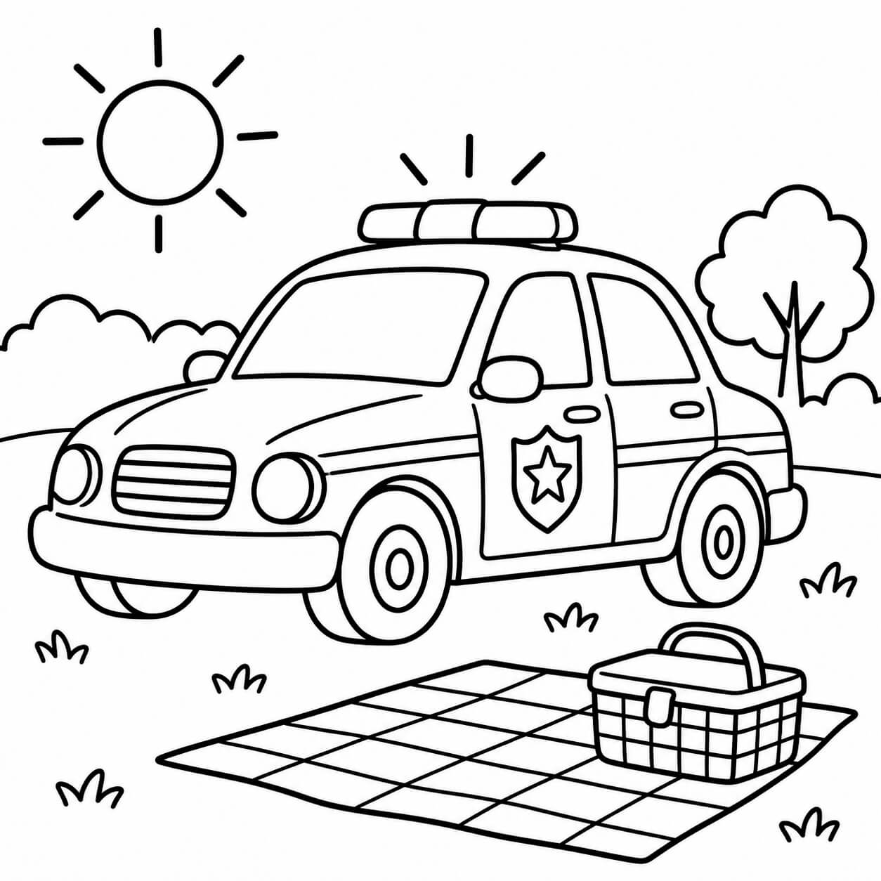 Polizeiauto beim Picknick – Ausmalbild in Schwarz-Weiß