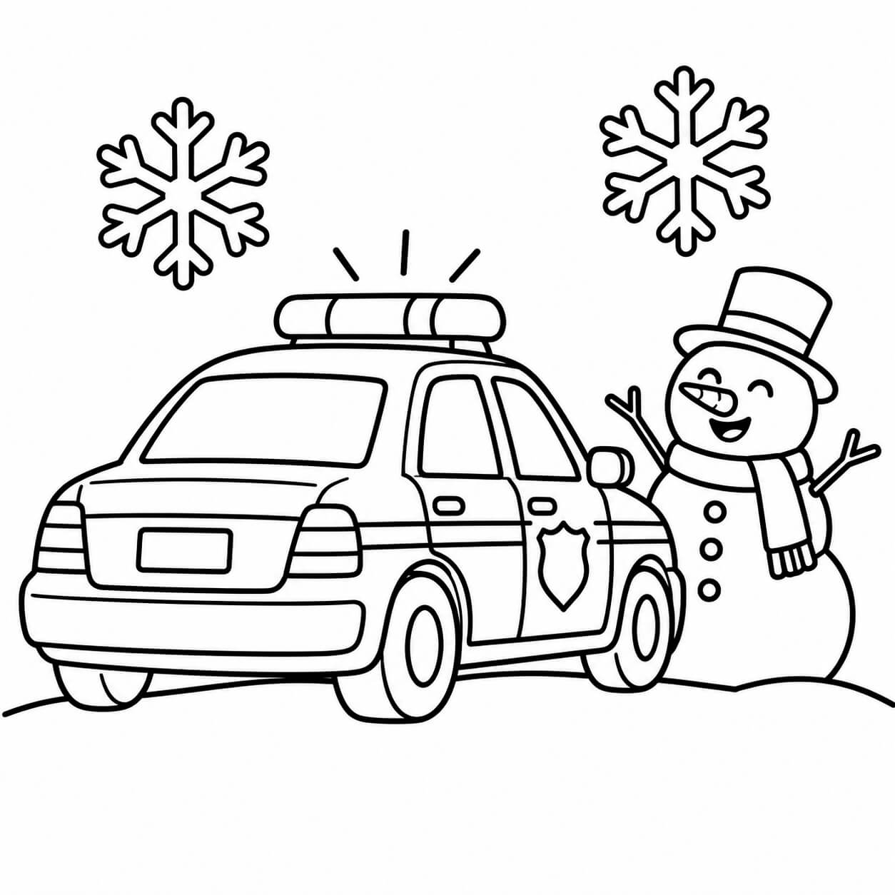 Polizeiauto im Schnee – Ausmalbild in Schwarz-Weiß