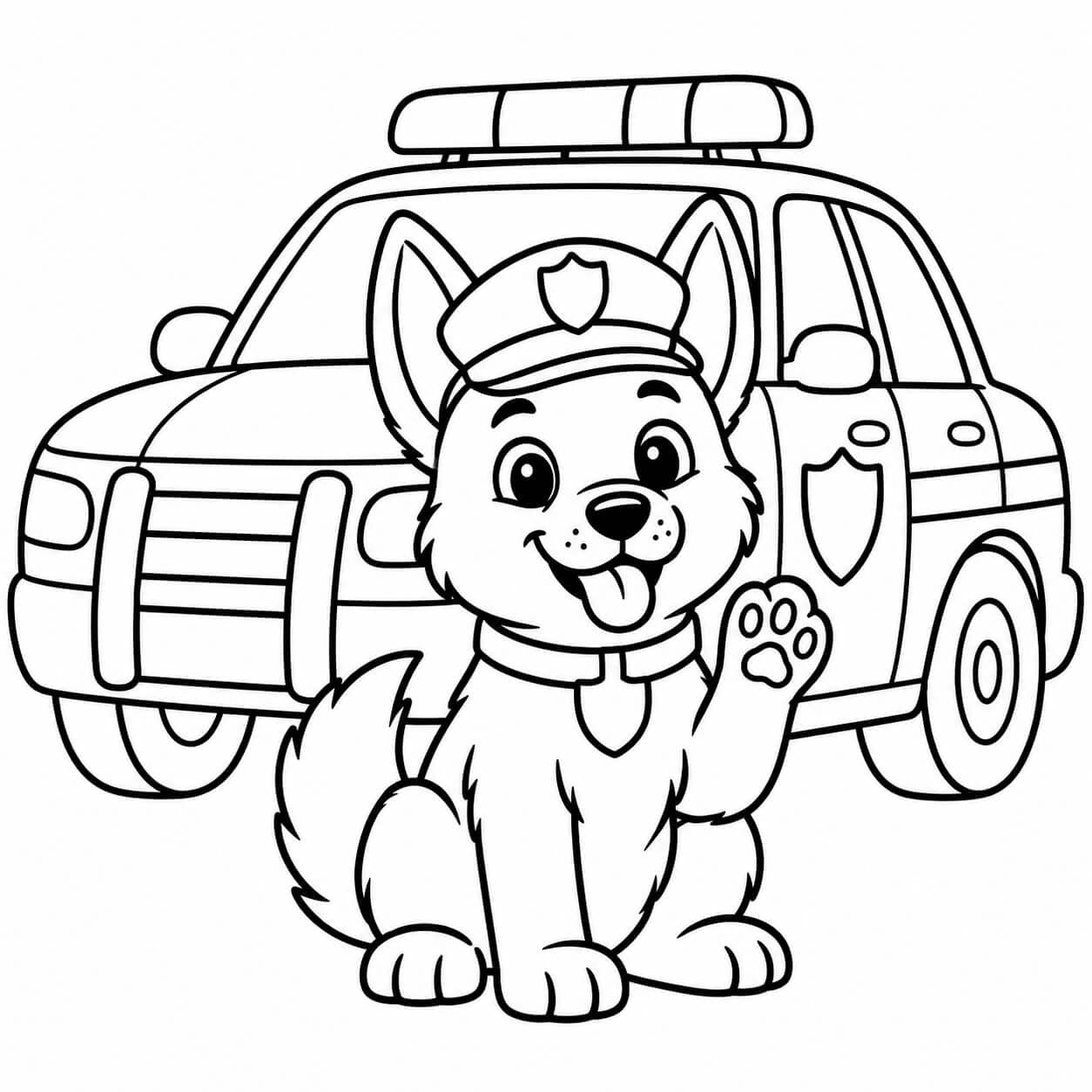 Polizeiauto und Polizeihund – Ausmalbild in Schwarz-Weiß