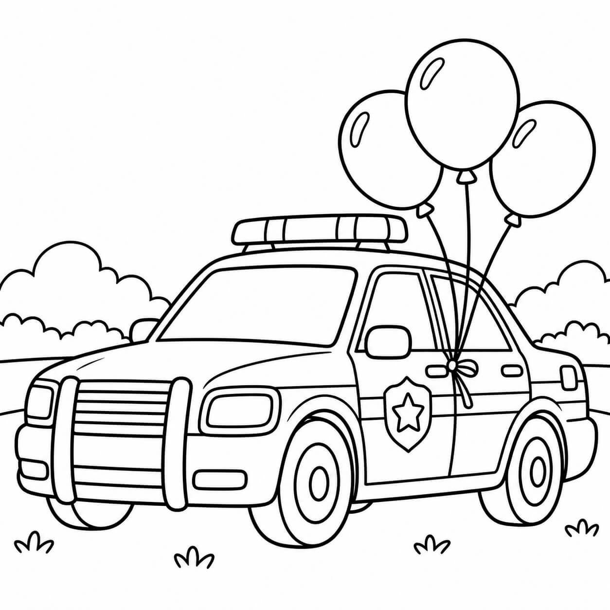 Polizeiauto mit Luftballons – Ausmalbild in Schwarz-Weiß