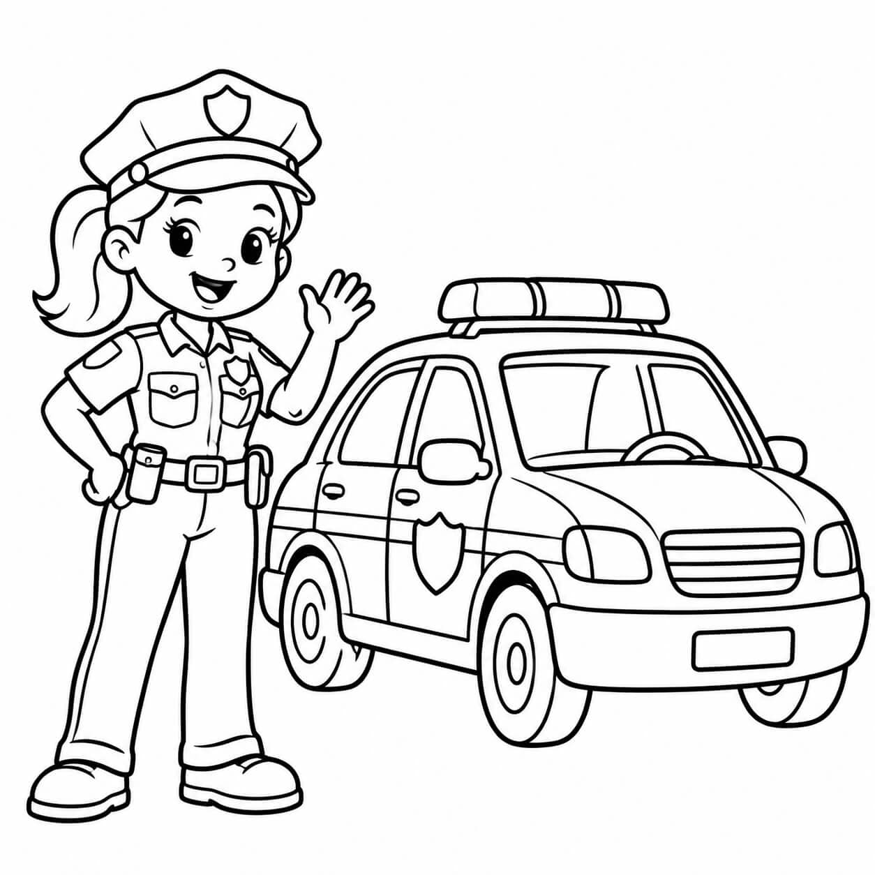 Polizeiauto mit freundlicher Polizistin – Ausmalbild in Schwarz-Weiß