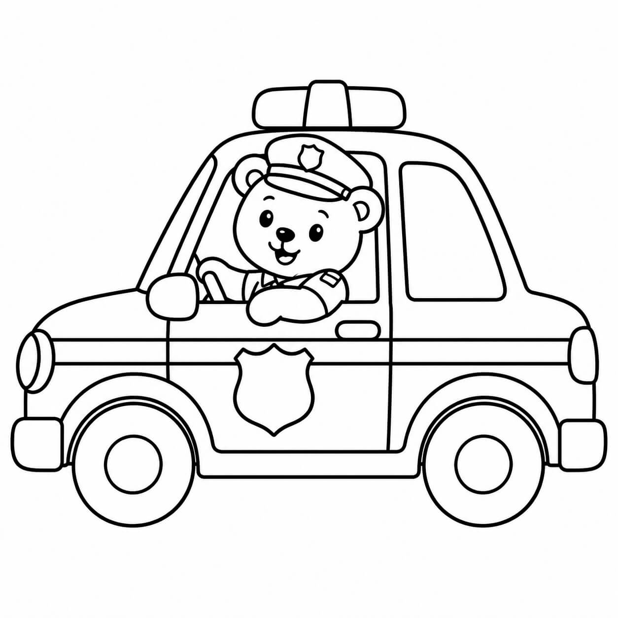 Teddy im Polizeiauto – Ausmalbild in Schwarz-Weiß