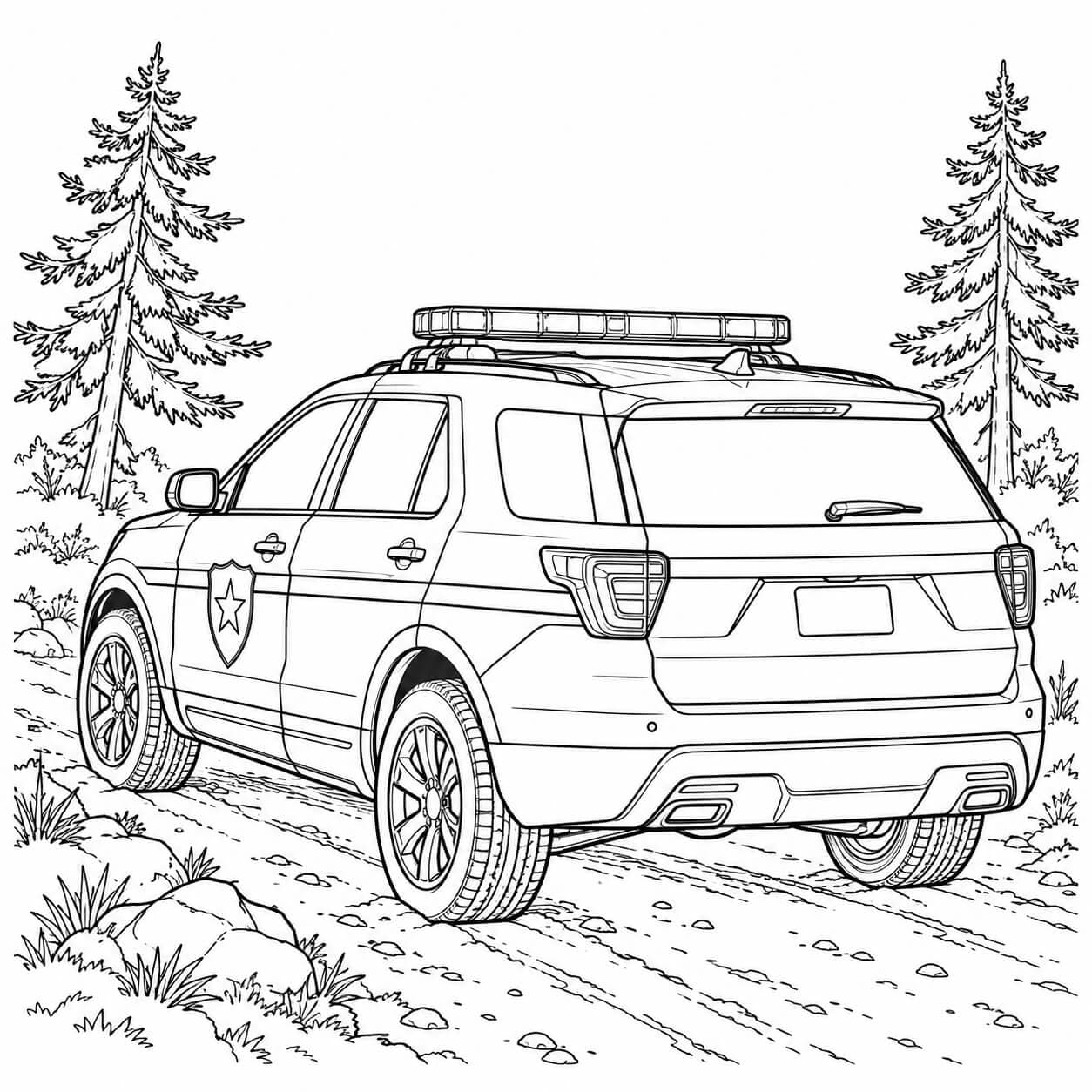 Realistischer Polizei-Geländewagen – Ausmalbild in Schwarz-Weiß