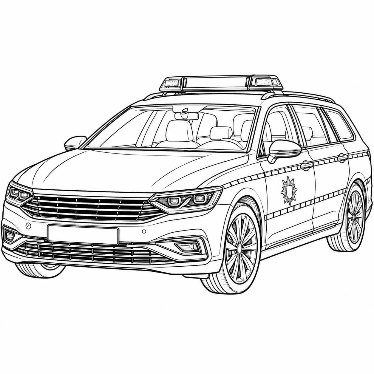 Realistisches Polizeiauto von vorne – Ausmalbild in Schwarz-Weiß