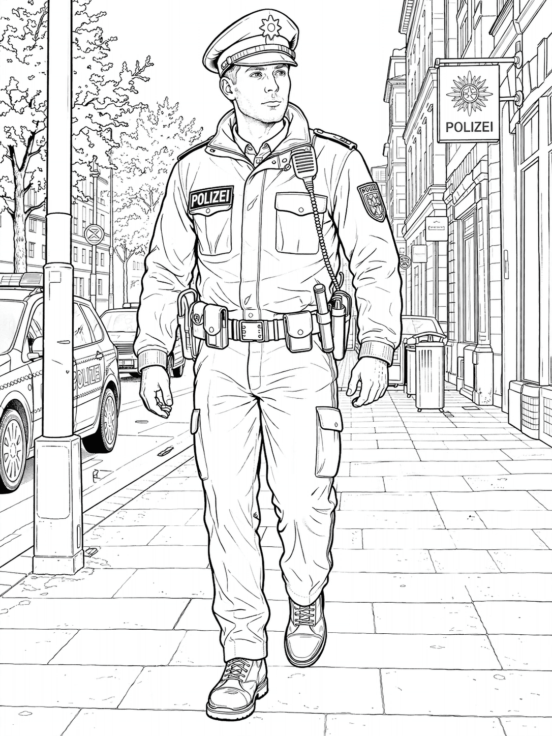 Polizist auf der Straße Ausmalbild