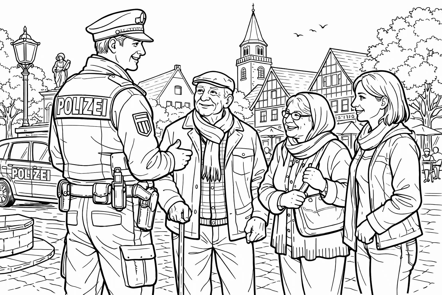 Polizist spricht mit Bewohnern Ausmalbild