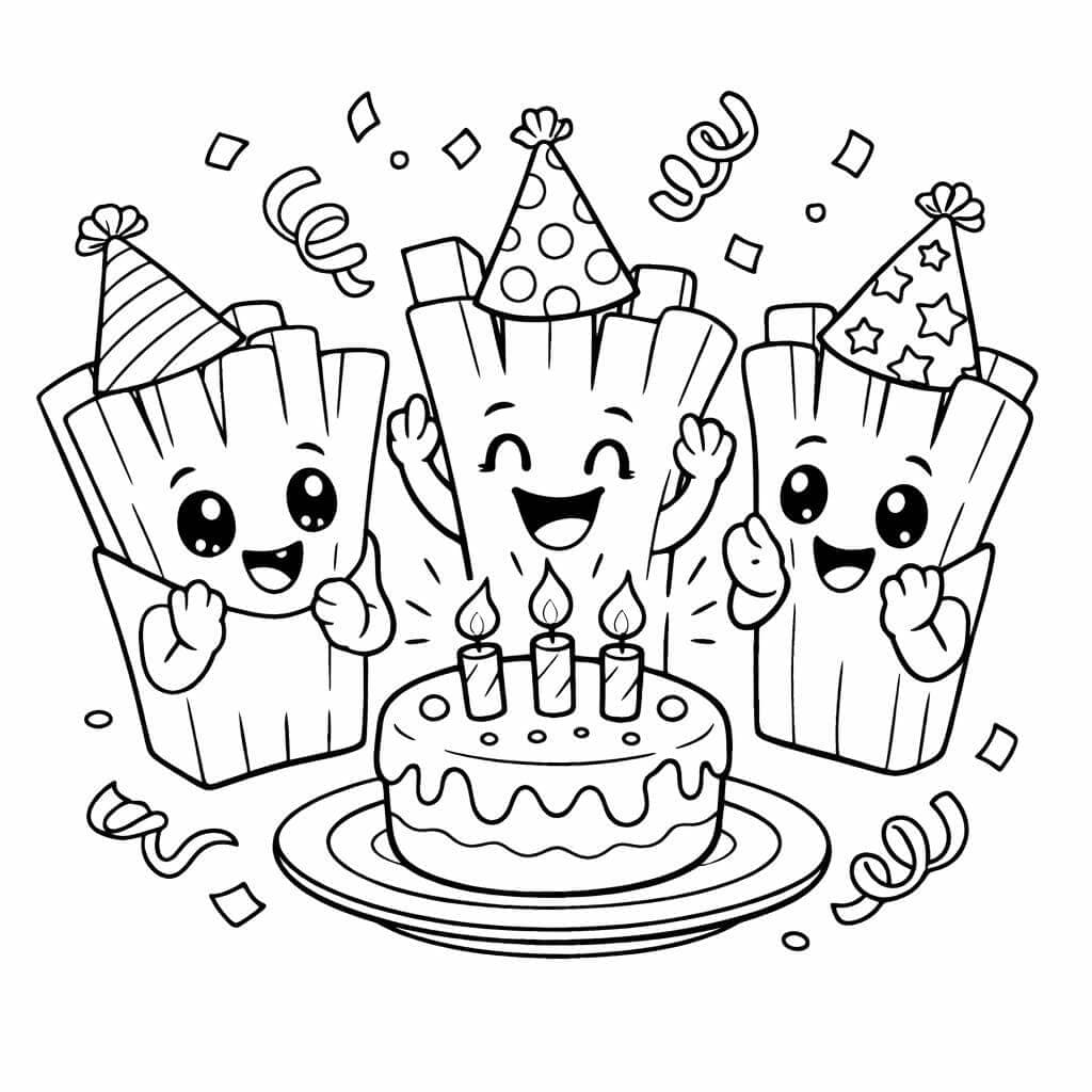 Pommes feiern Geburtstag Ausmalbild