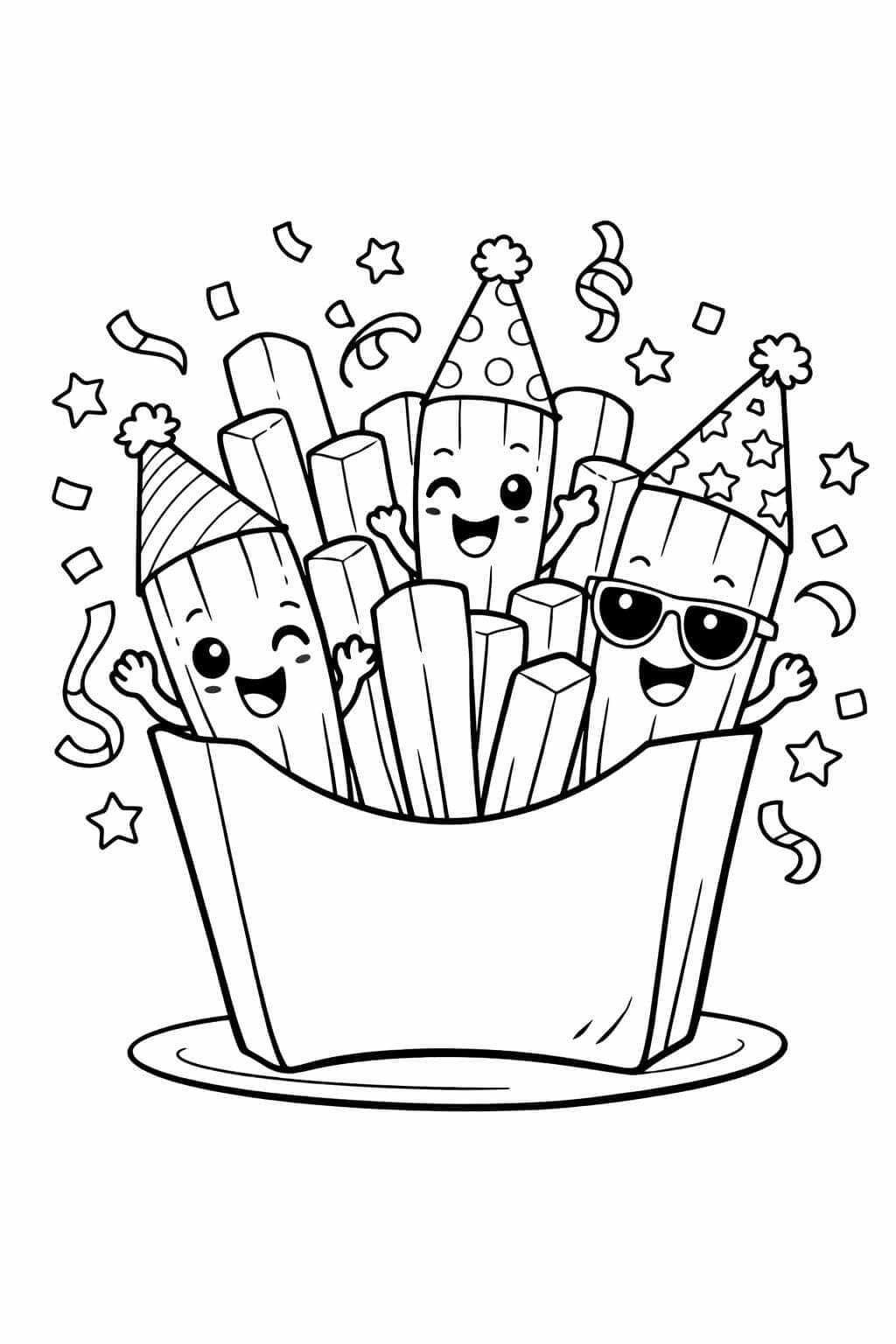 Pommes mit Partyhüten Ausmalbild