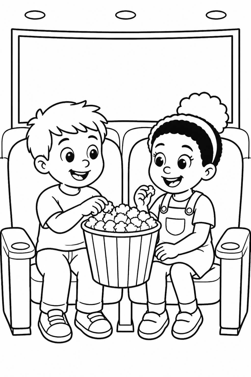Kinder im Kino mit Popcorn Ausmalbild