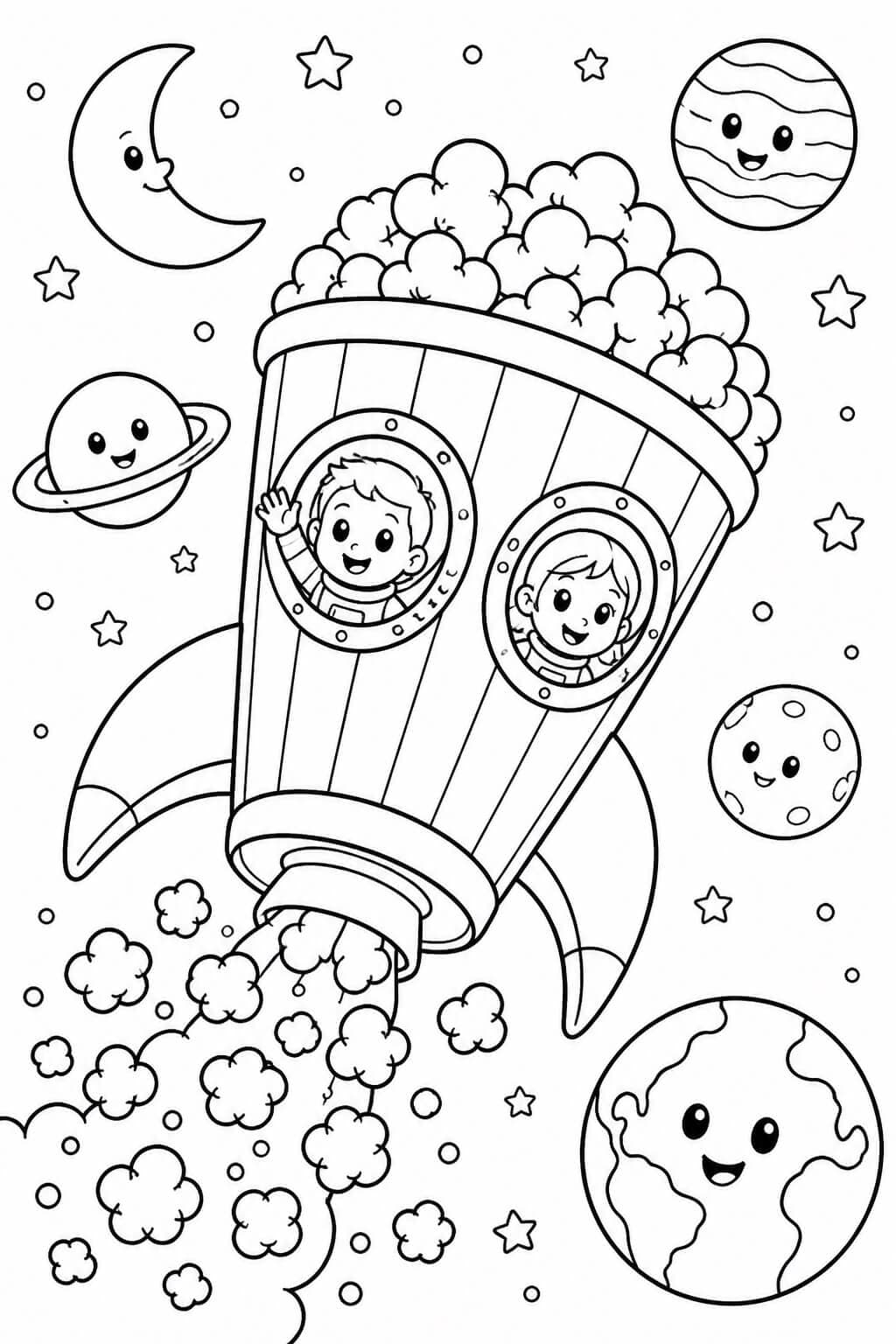 Popcornrakete im Weltall Ausmalbild