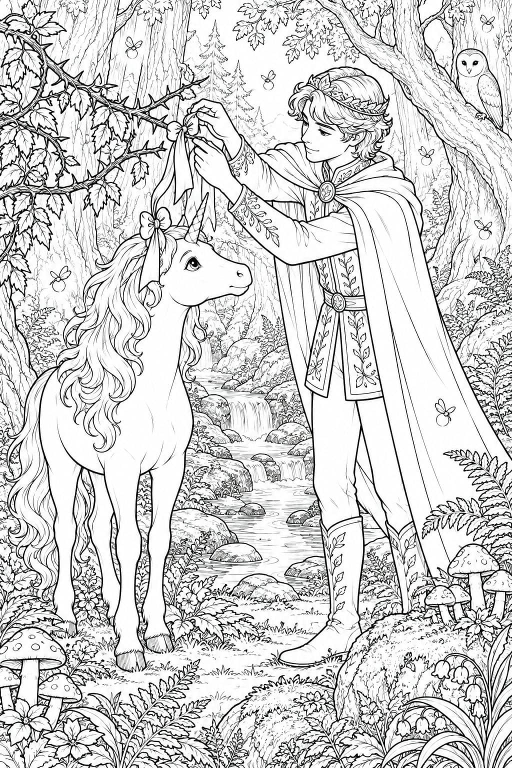 Waldprinz rettet Einhorn Ausmalbild
