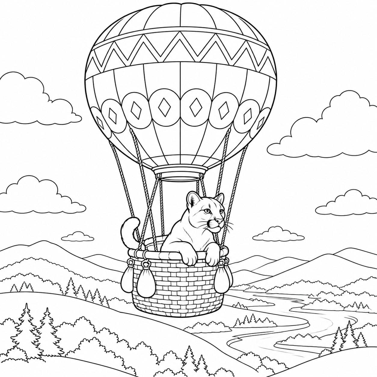 Puma fährt im Heißluftballon Ausmalbild