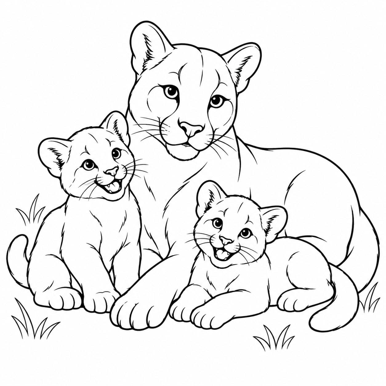 Pumafamilie mit Mutter und zwei Jungtieren Ausmalbild