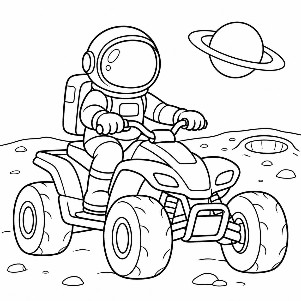Quad auf dem Mond – Ausmalbild in Schwarz-Weiß