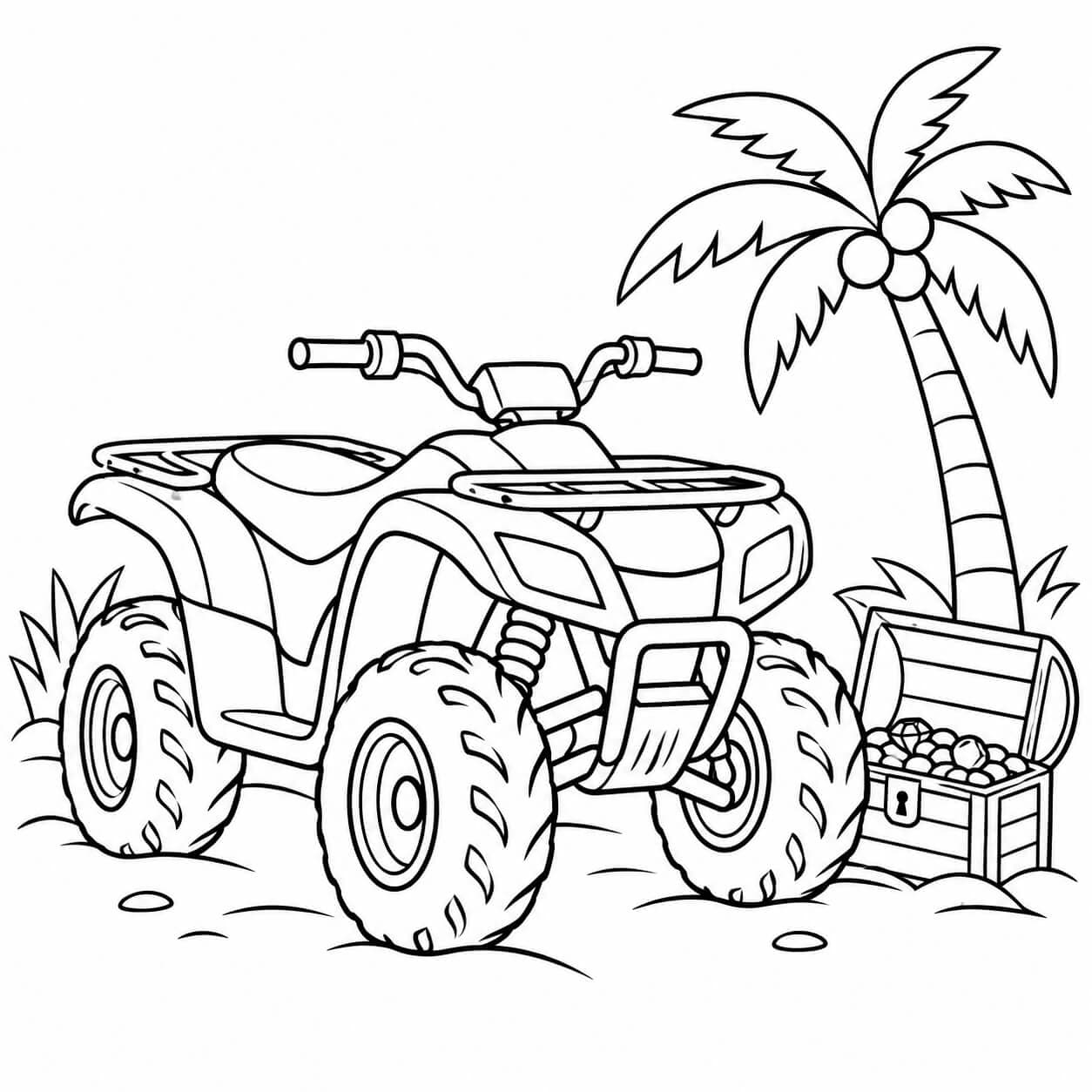 Quad auf Schatzsuche – Ausmalbild in Schwarz-Weiß