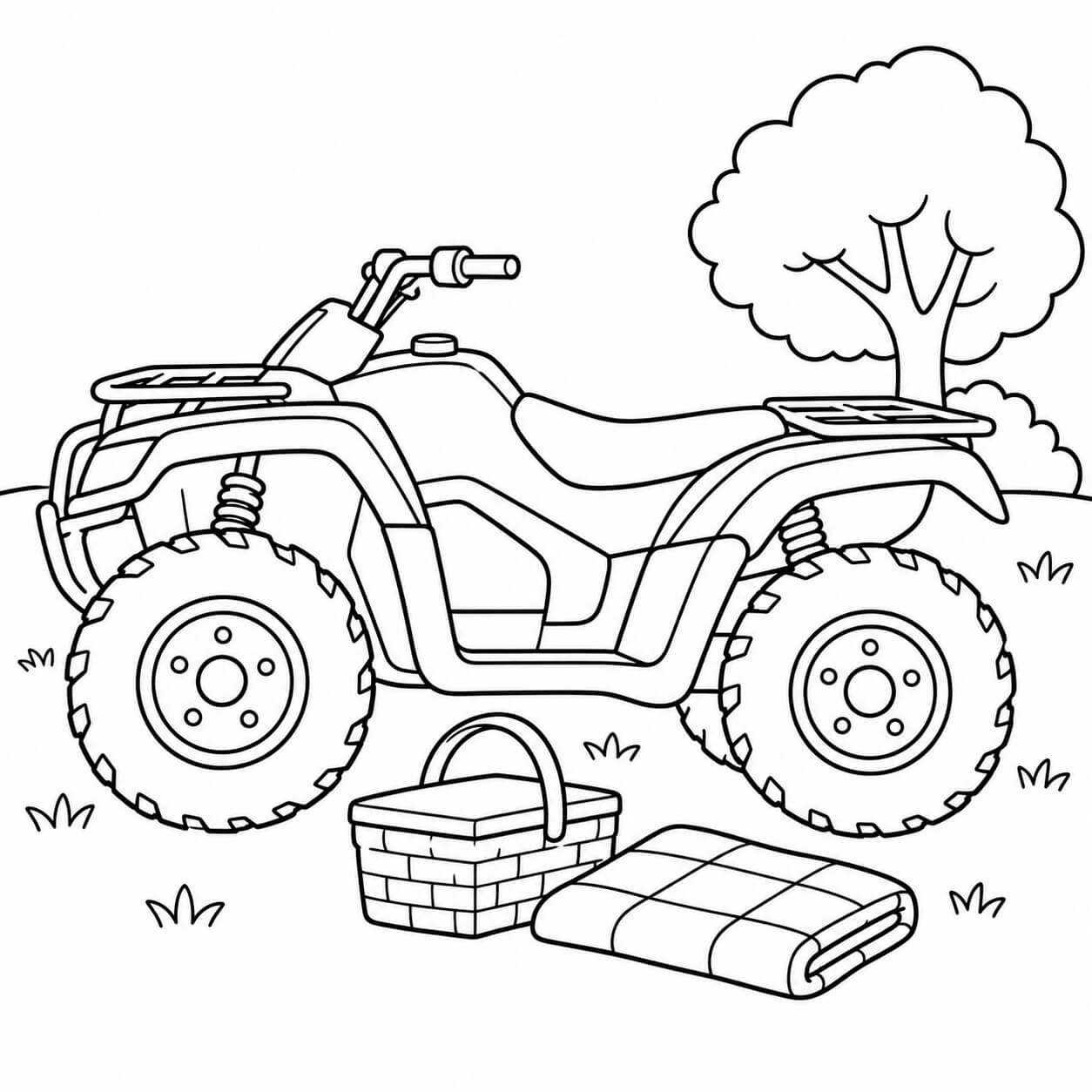 Quad beim Picknick – Ausmalbild in Schwarz-Weiß