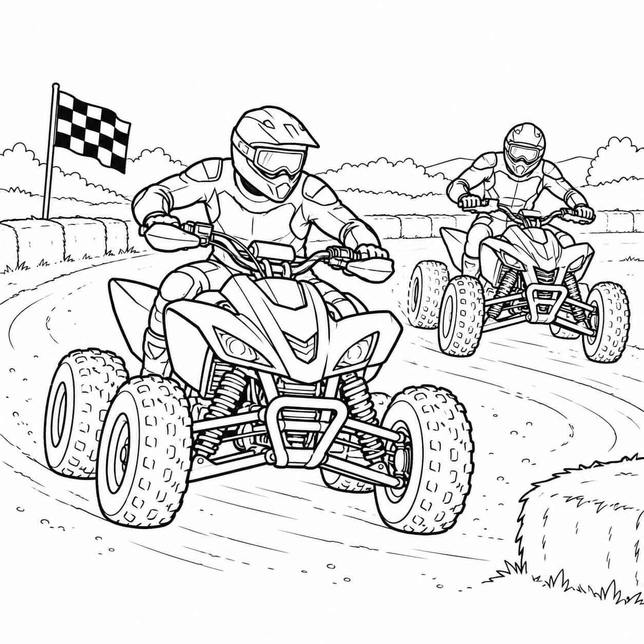 Zwei Quads beim Rennen – Ausmalbild in Schwarz-Weiß