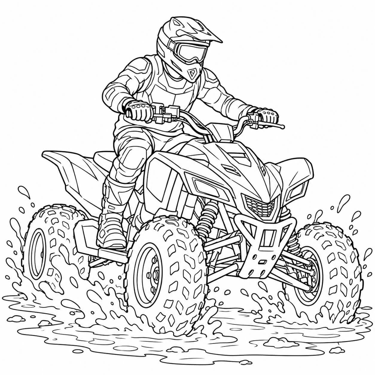 Quad in der Schlammpfütze – Ausmalbild in Schwarz-Weiß