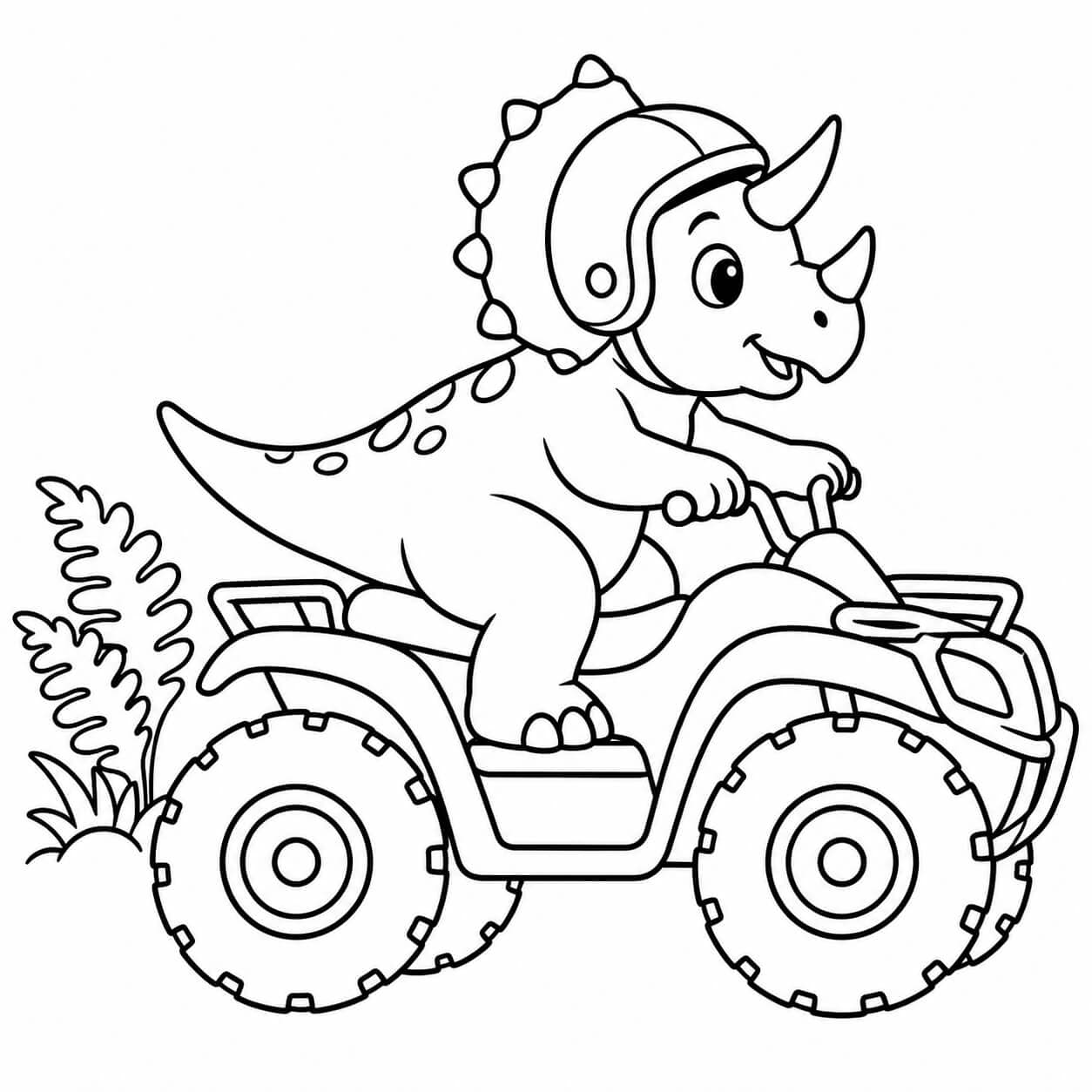 Dinosaurier auf dem Quad – Ausmalbild in Schwarz-Weiß