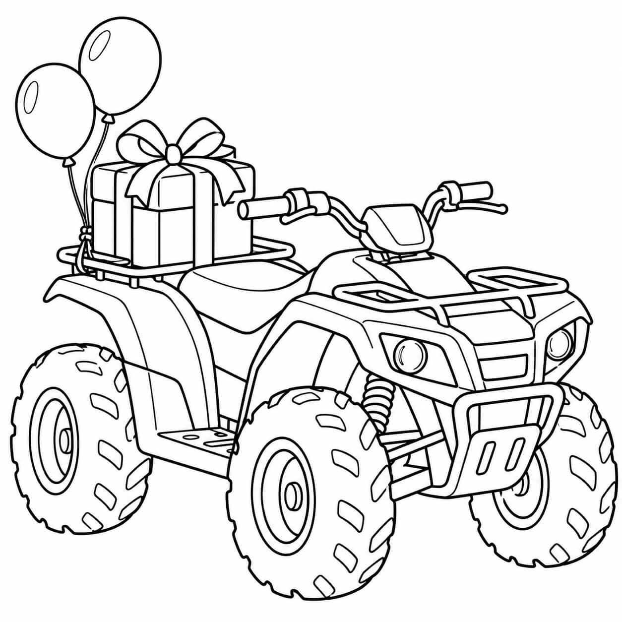 Quad mit Geburtstagsballons – Ausmalbild in Schwarz-Weiß