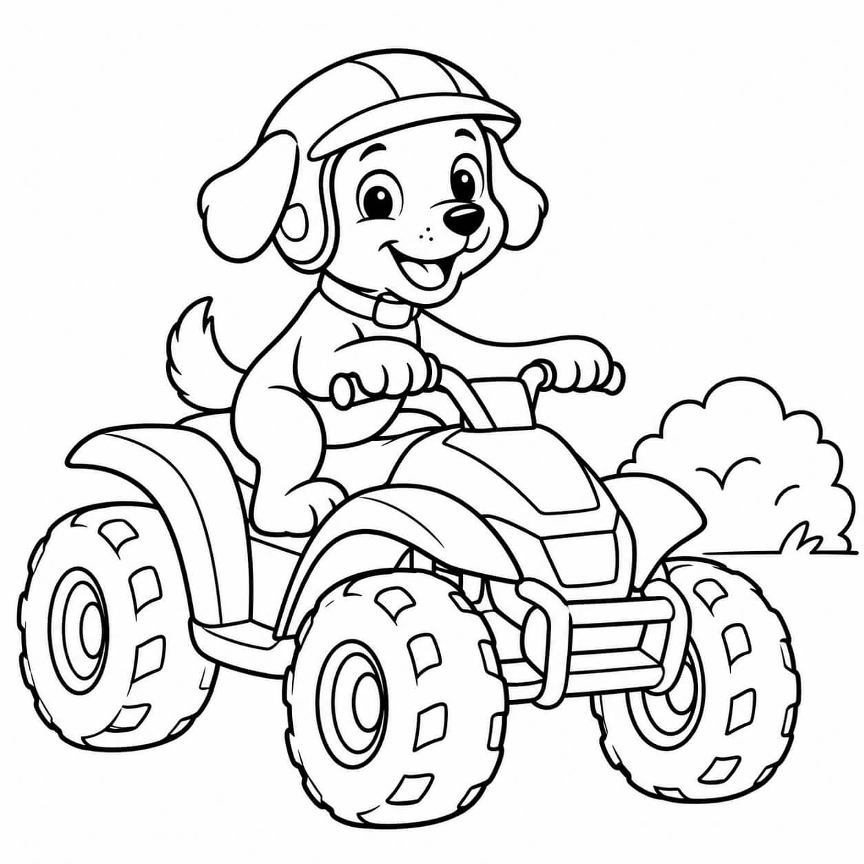 Hund auf dem Quad – Ausmalbild in Schwarz-Weiß