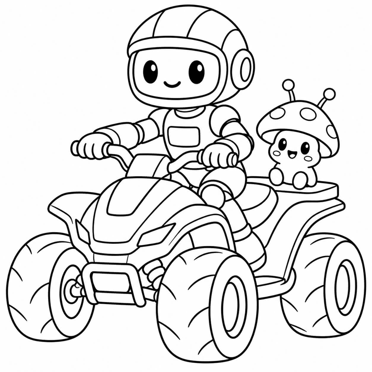 Roboter auf dem Quad – Ausmalbild in Schwarz-Weiß