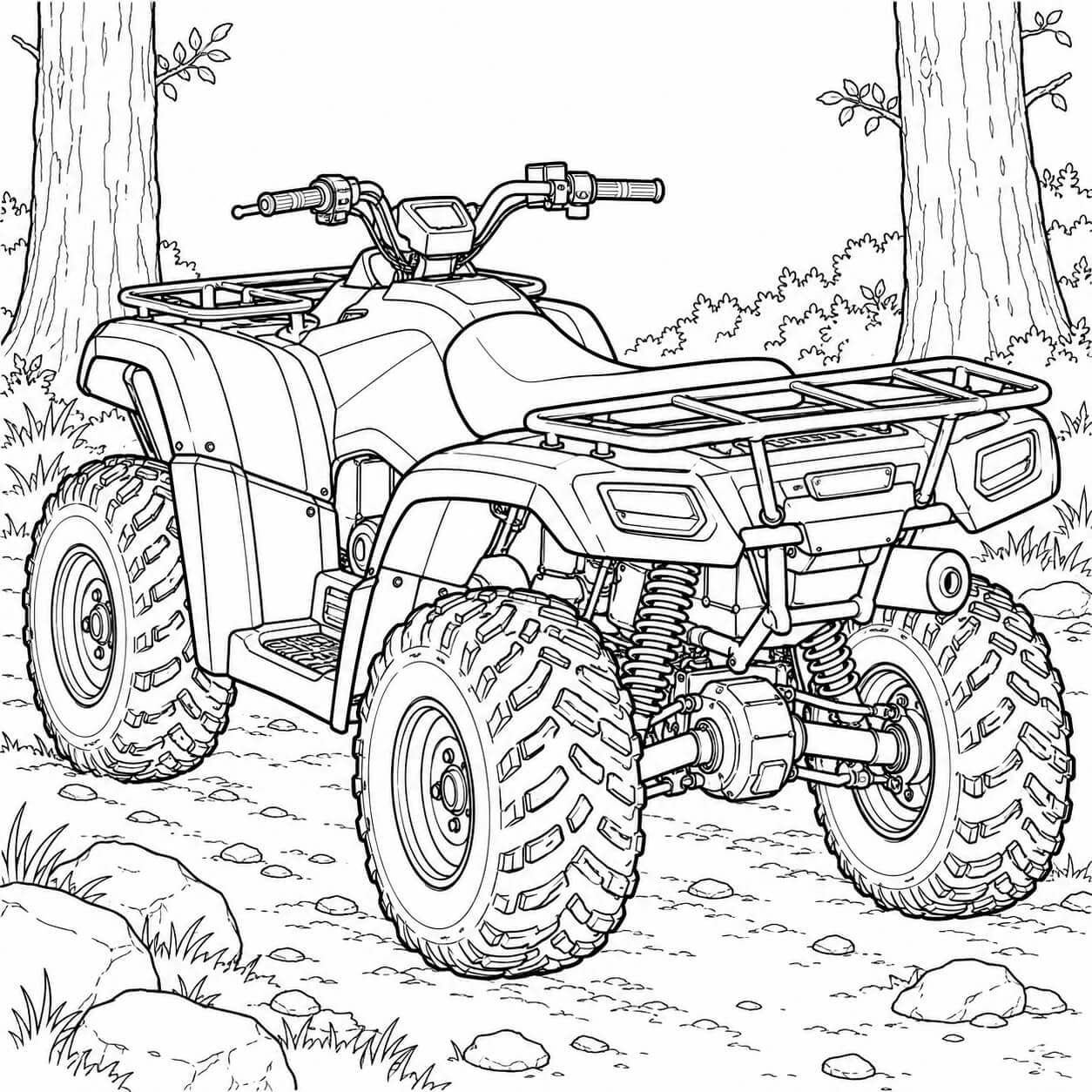Realistisches Geländequad im Wald – Ausmalbild in Schwarz-Weiß