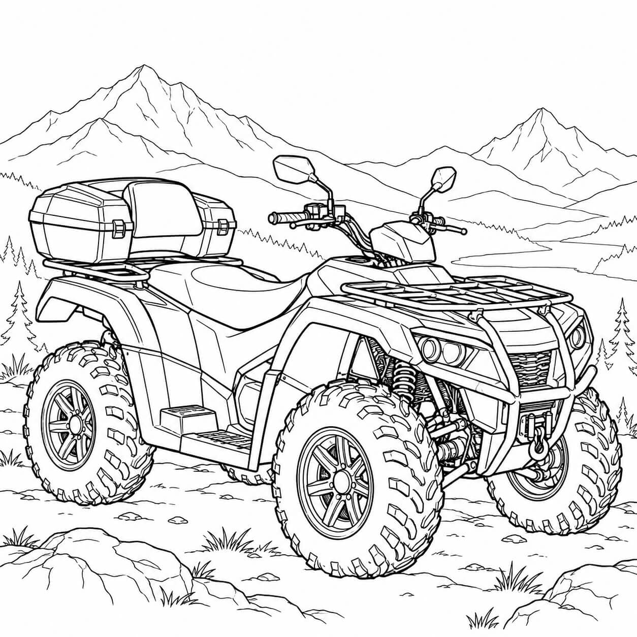 Realistisches Tourenquad in den Bergen – Ausmalbild in Schwarz-Weiß