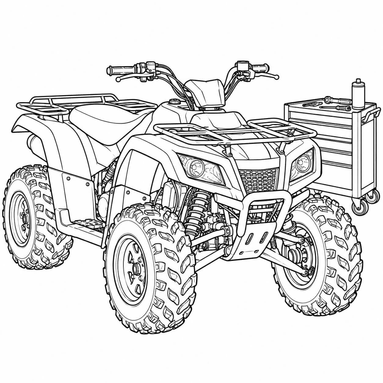 Realistisches Quad in der Werkstatt – Ausmalbild in Schwarz-Weiß