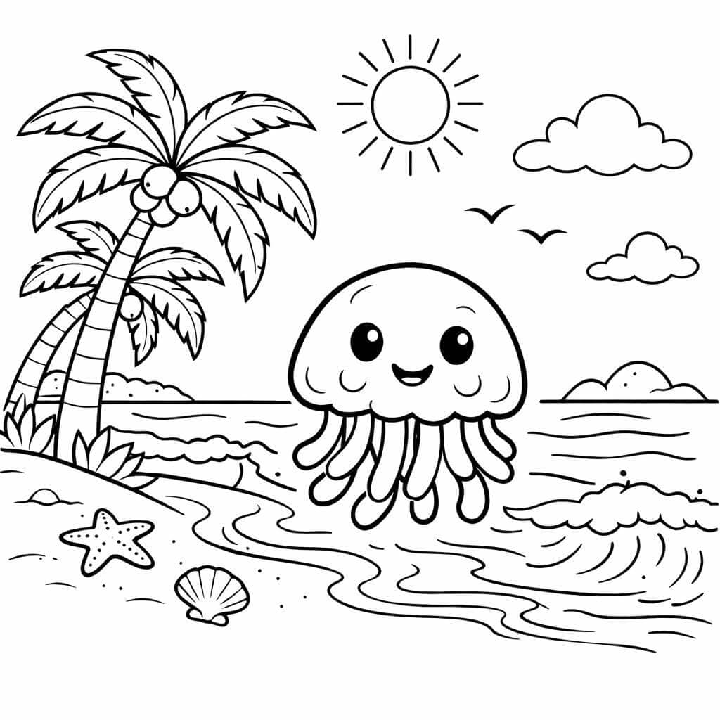 Qualle am Strand Szene Ausmalbild