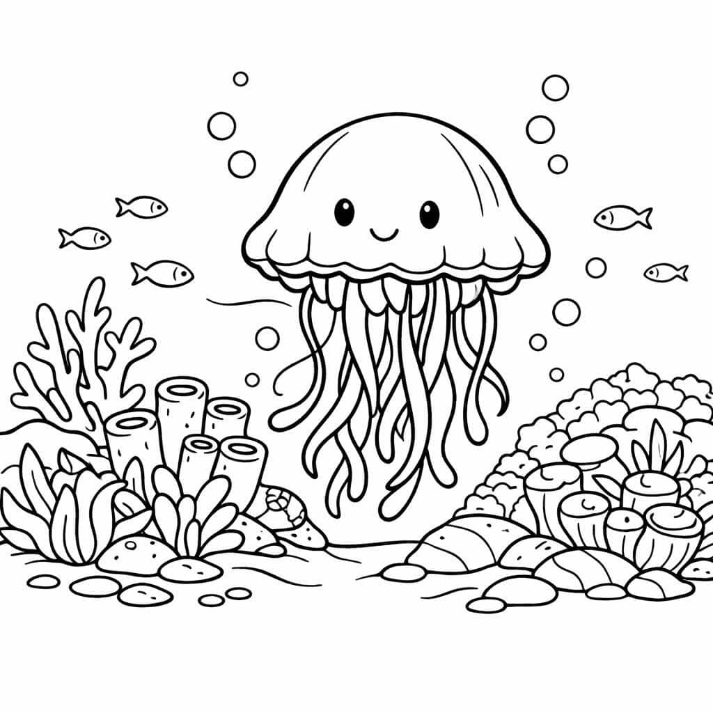 Qualle bei Korallen Ausmalbild