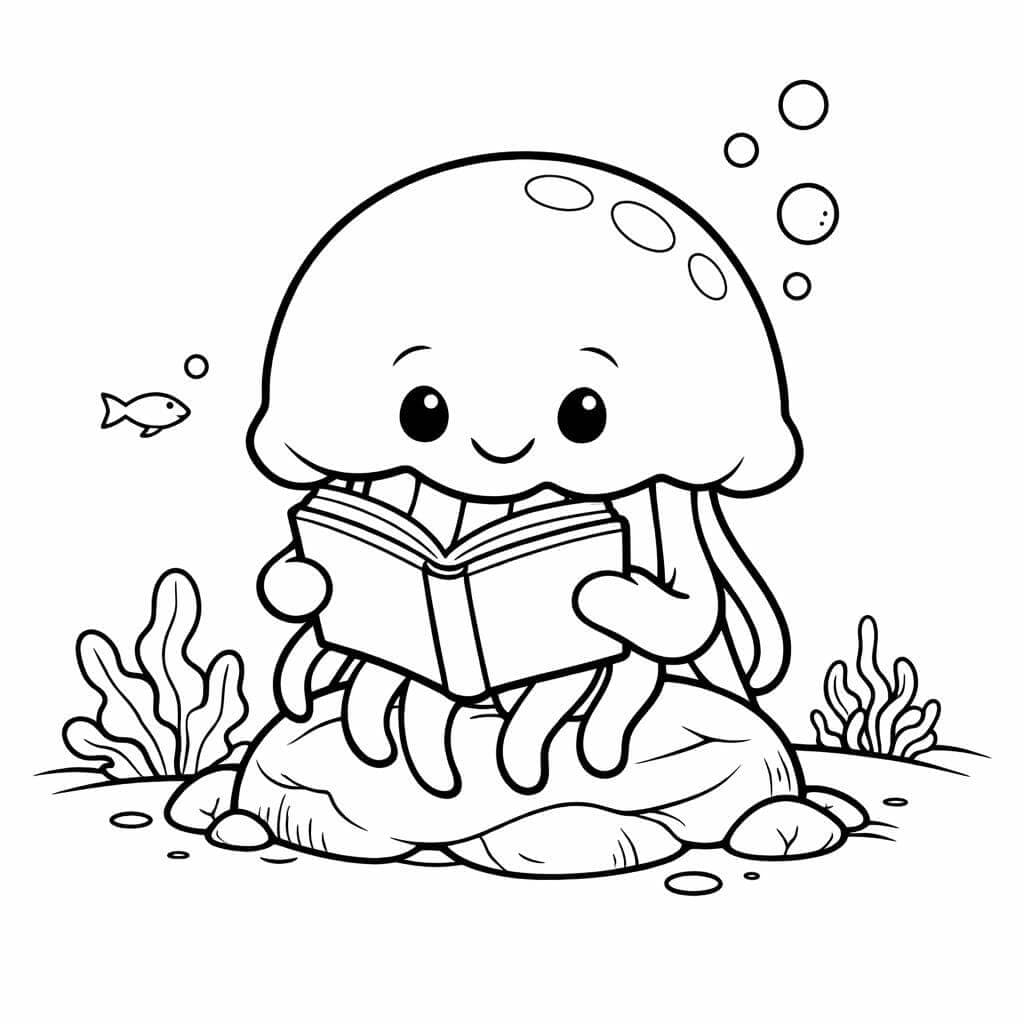 Qualle liest ein Buch Ausmalbild