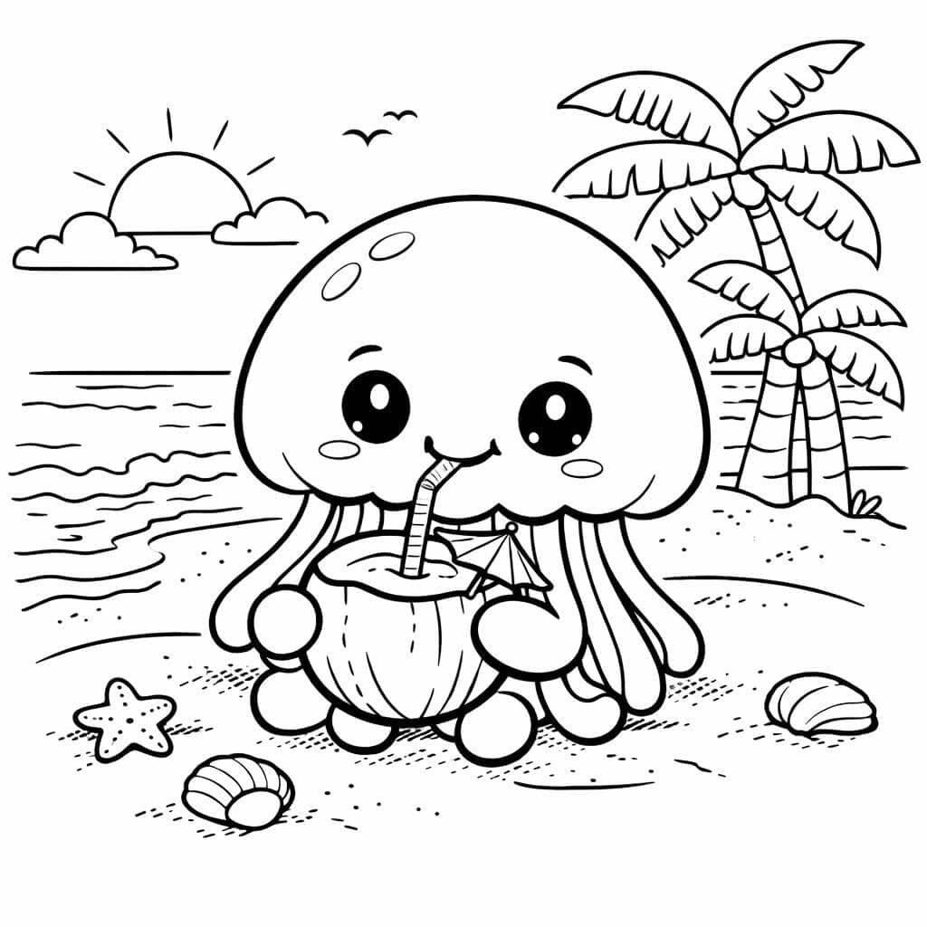 Qualle trinkt Kokoswasser Ausmalbild