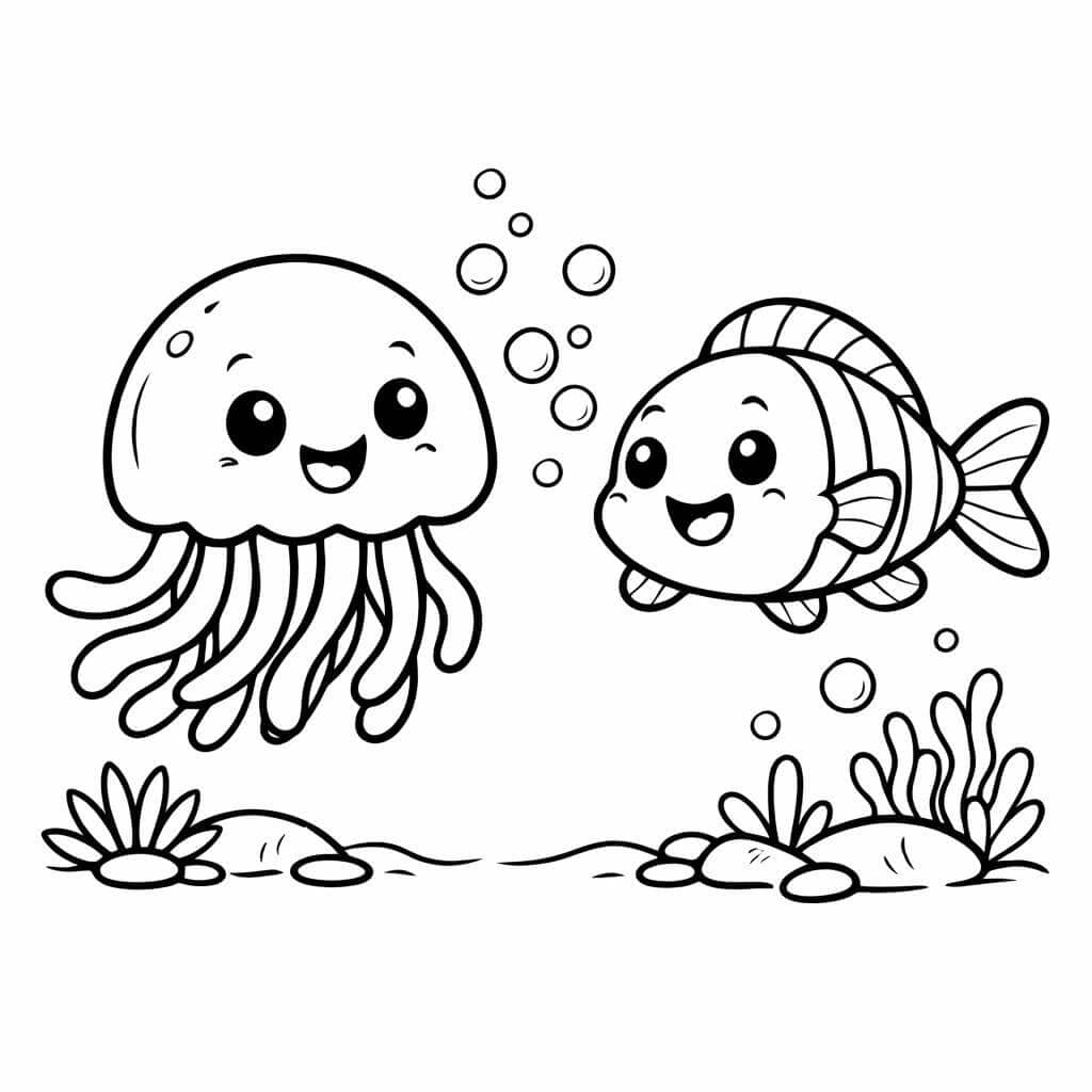 Qualle und Fisch schwimmend Ausmalbild