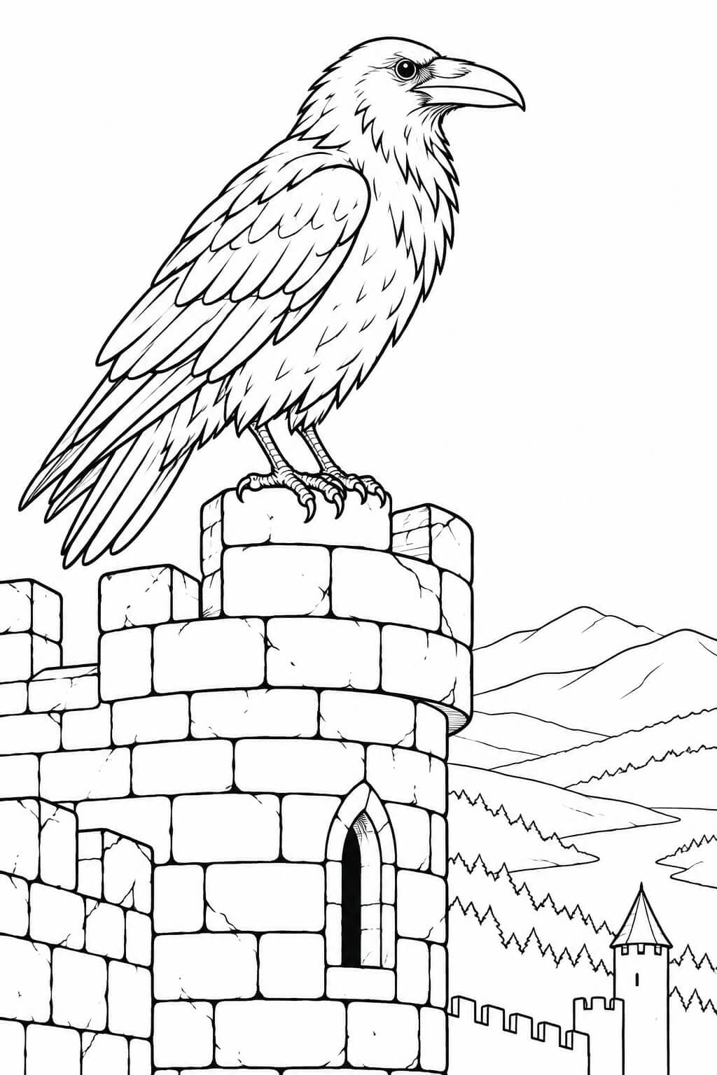 Rabe auf dem Schlossturm Ausmalbild