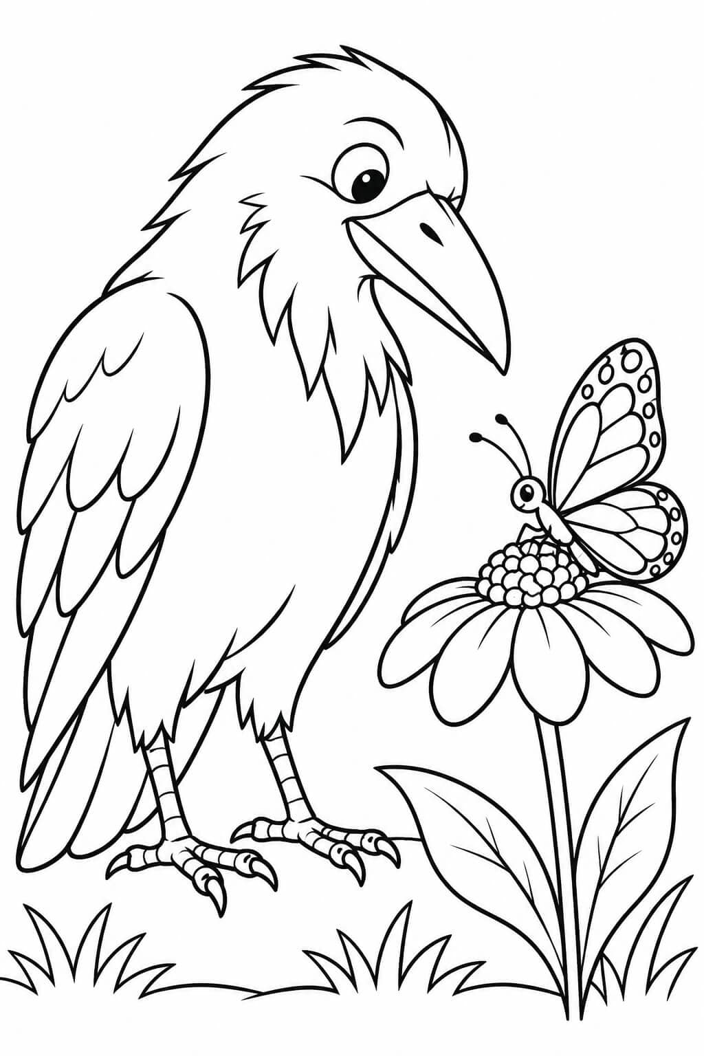 Rabe mit Schmetterling Ausmalbild