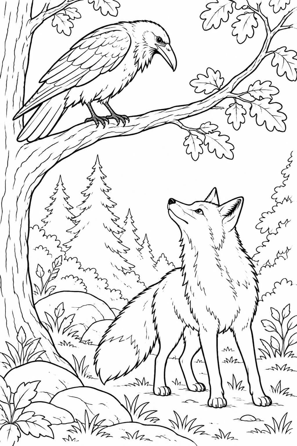 Rabe und Fuchs Ausmalbild
