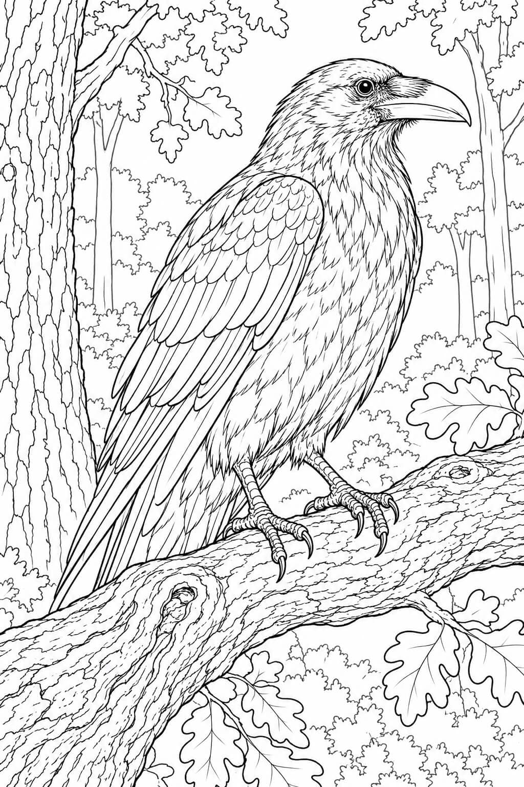 Realistischer Rabe im Wald Ausmalbild
