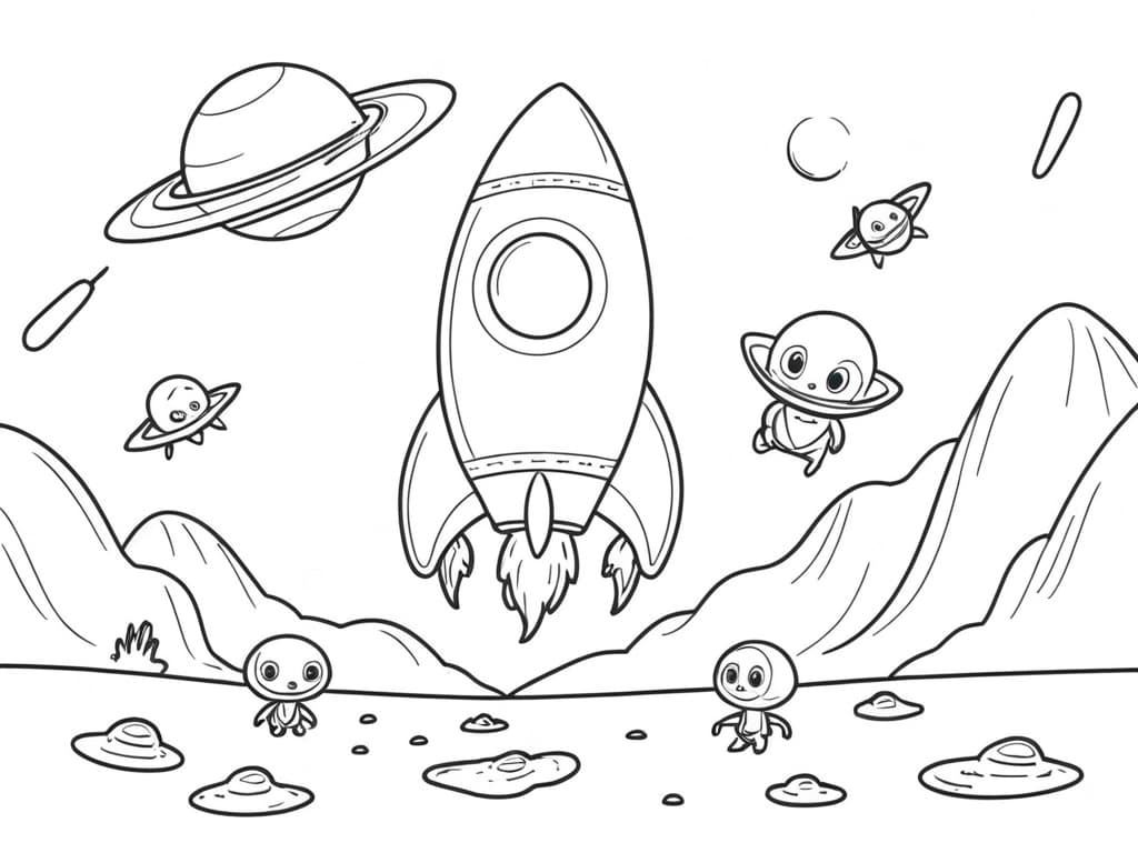 Rakete auf Alienplanet Ausmalbild