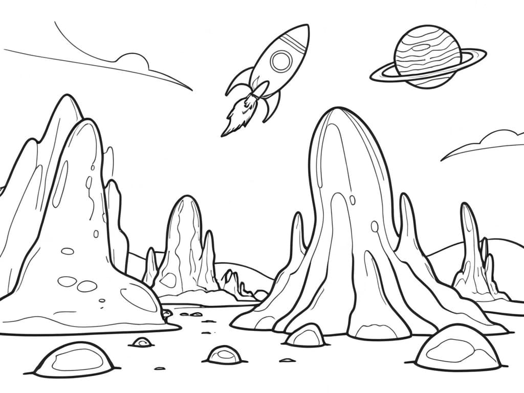 Rakete auf fernem Planeten Ausmalbild