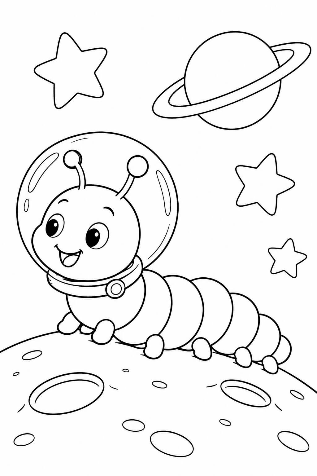 Raupe als Astronaut – Ausmalbild in Schwarz-Weiß