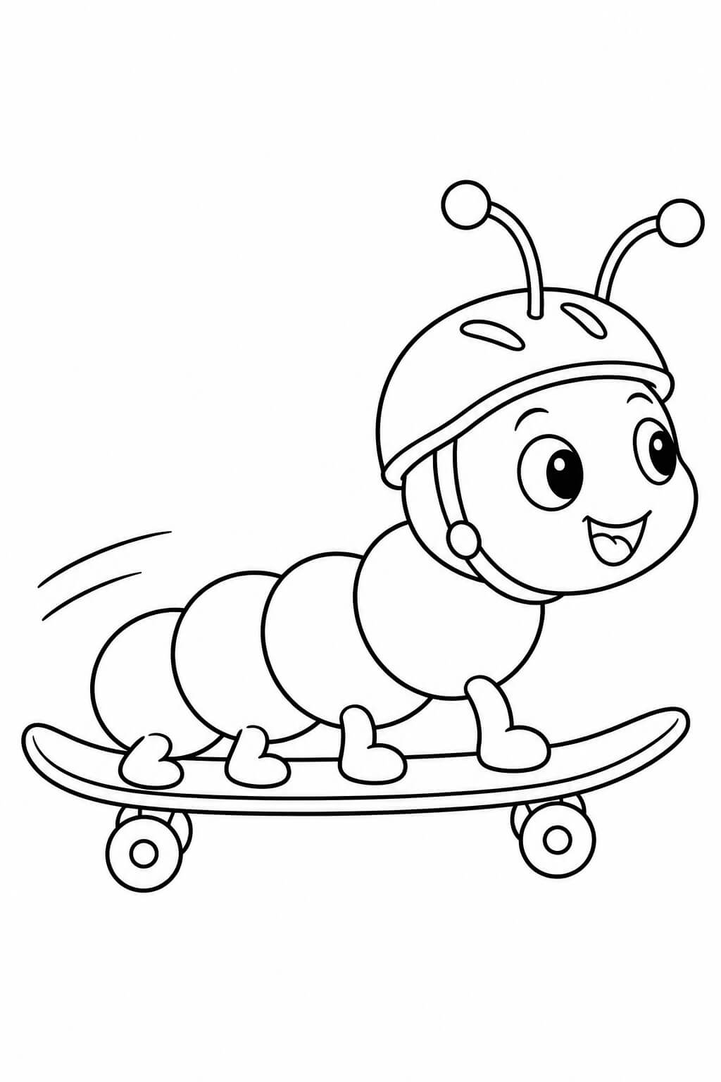 Raupe fährt Skateboard – Ausmalbild in Schwarz-Weiß