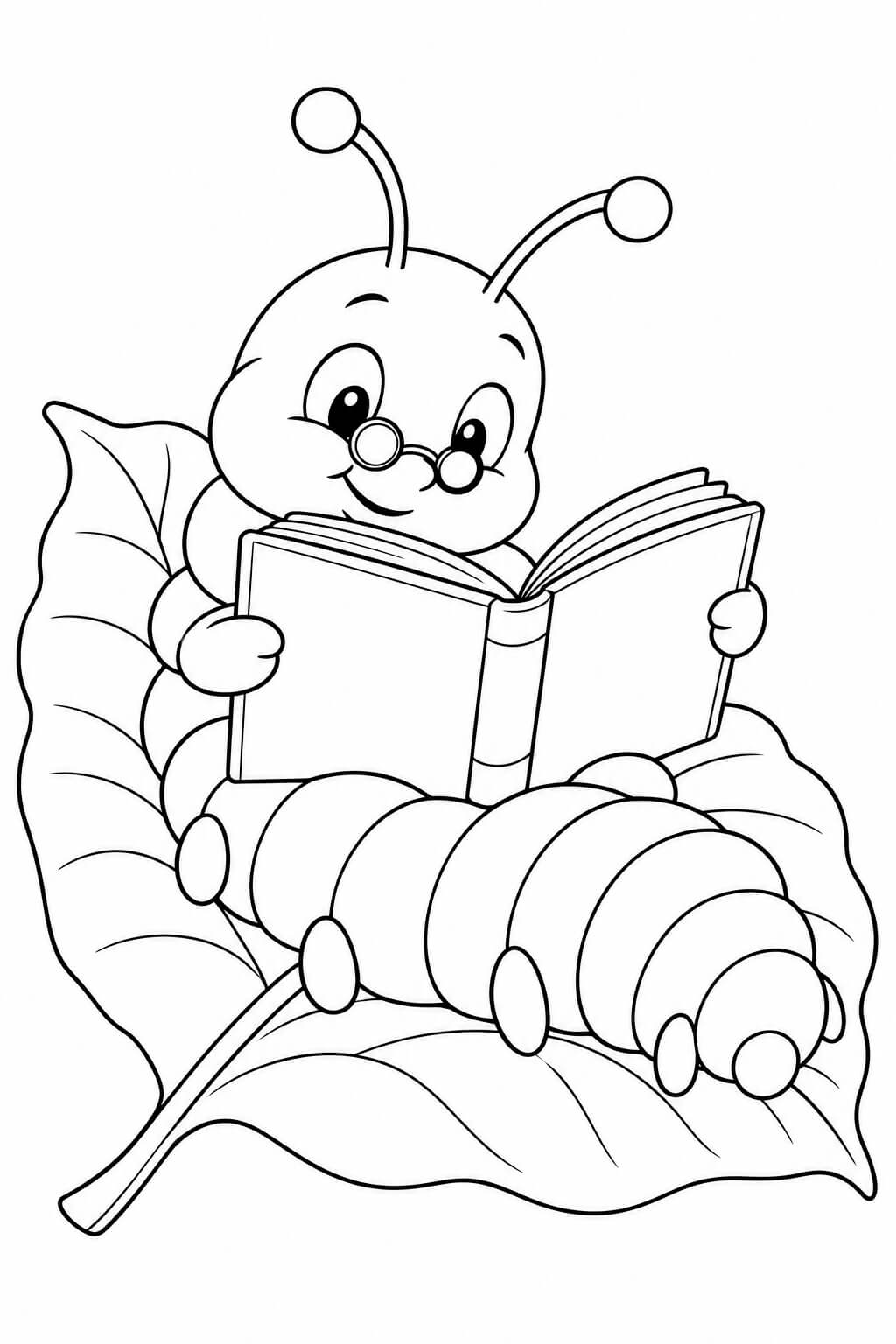 Raupe liest ein Buch – Ausmalbild in Schwarz-Weiß