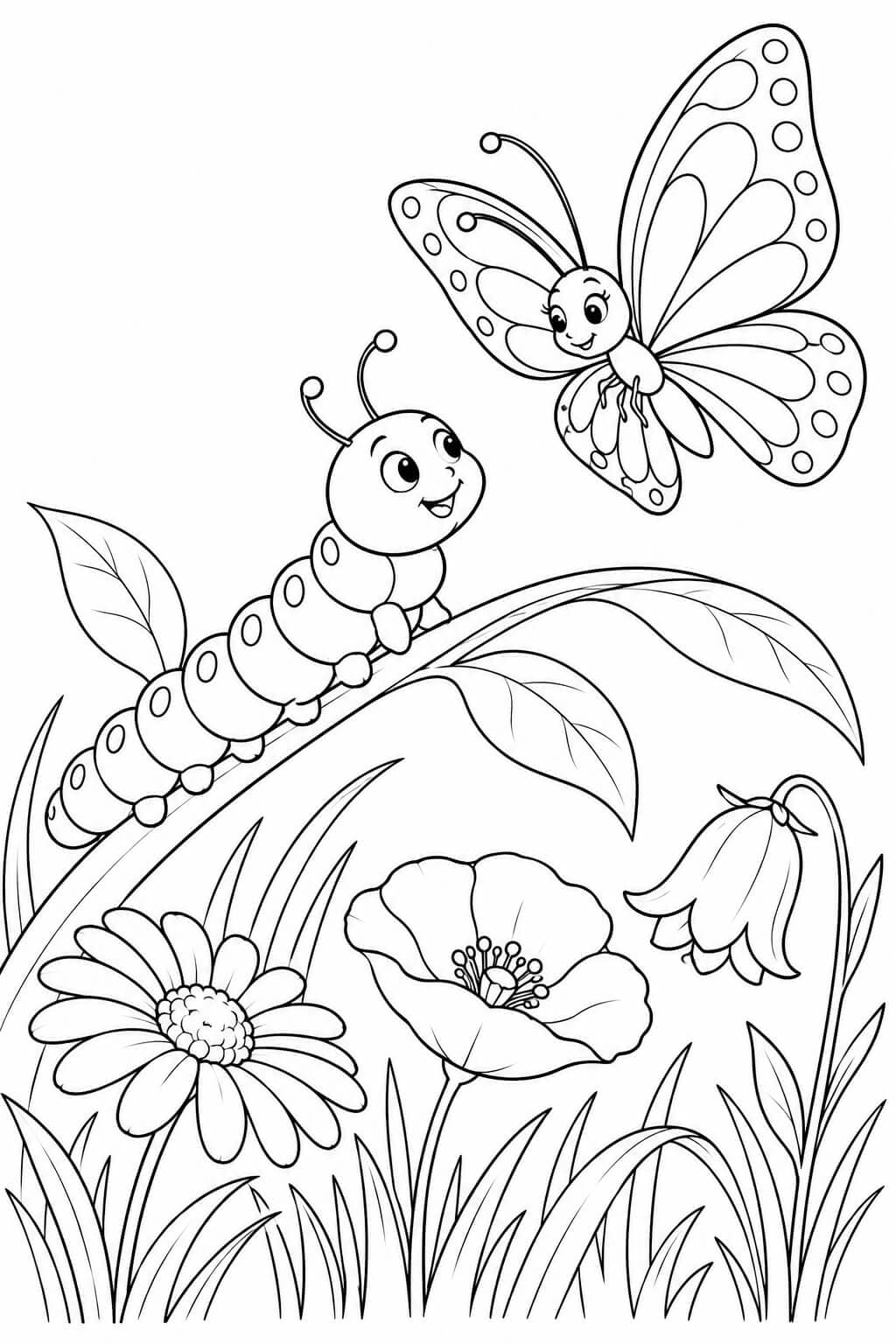 Raupe und Schmetterling auf der Wiese – Ausmalbild in Schwarz-Weiß
