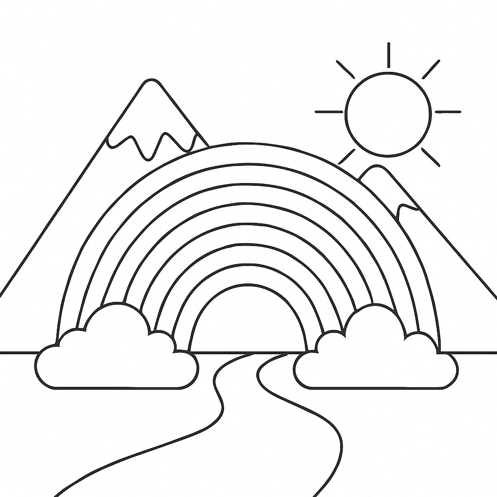 Regenbogen über Bergen zum Ausmalen