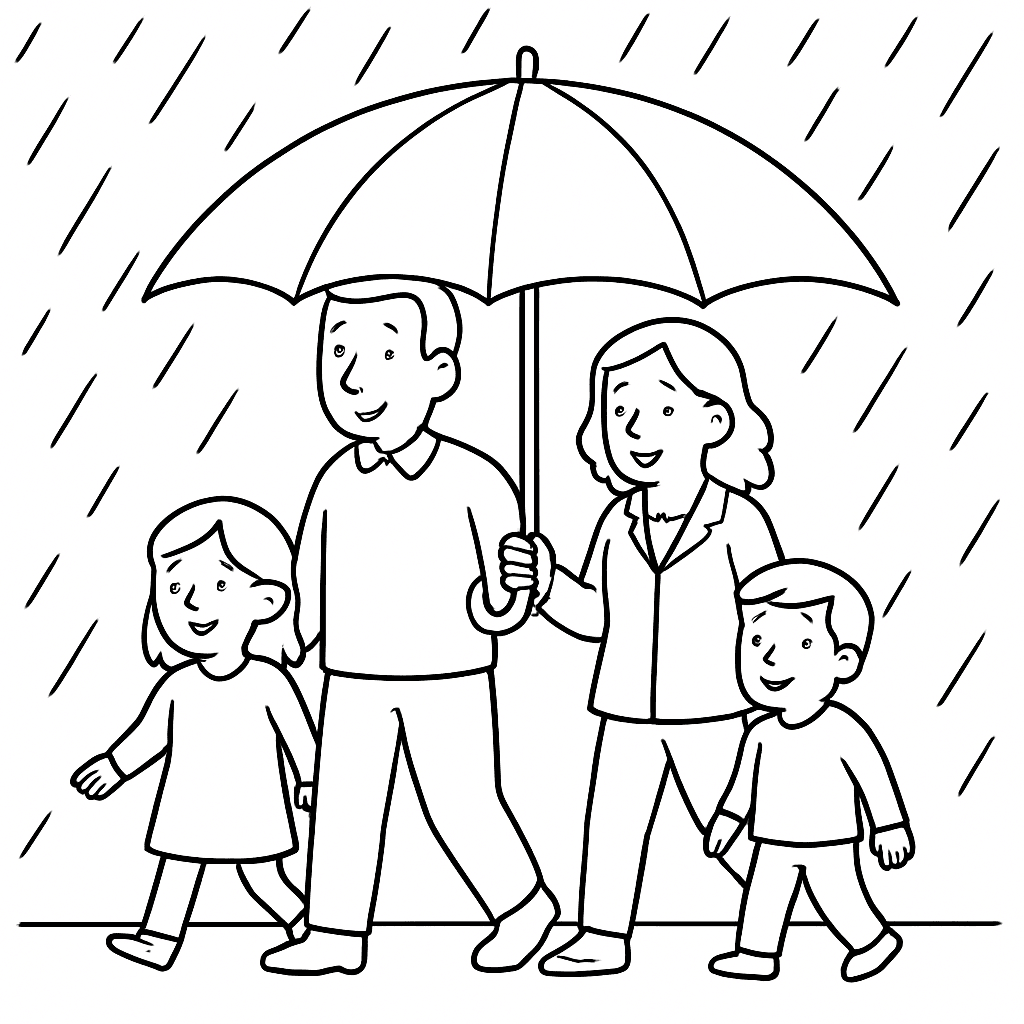 Familie mit Regenschirm im Regen Ausmalbild